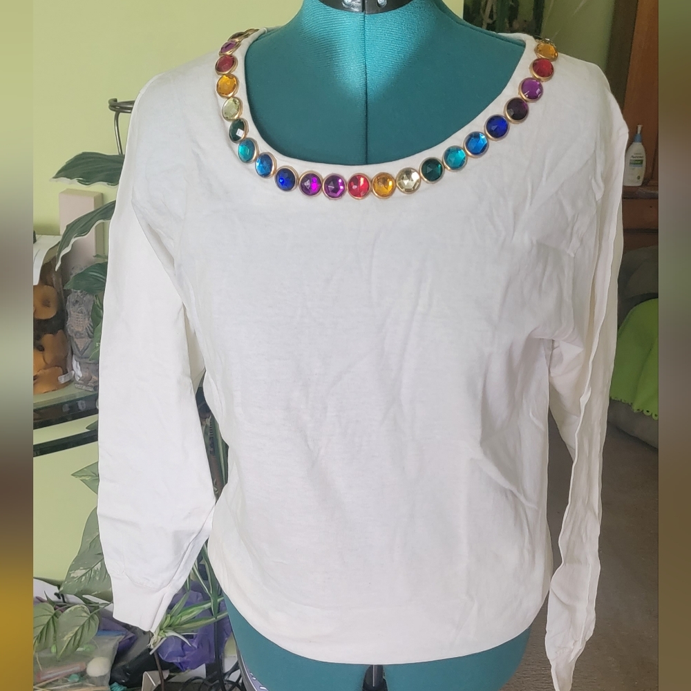 NWT White Cotton Long Sleeve Shirt with multi color Beads